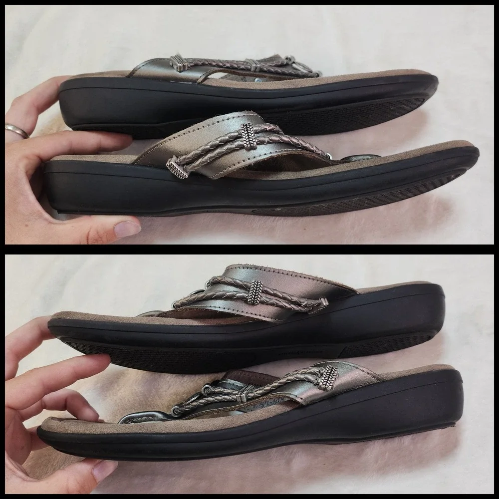Minnetonka Silverthorne 360 Pewter Leather Boho Sandals Womens 10 Comfort Thong